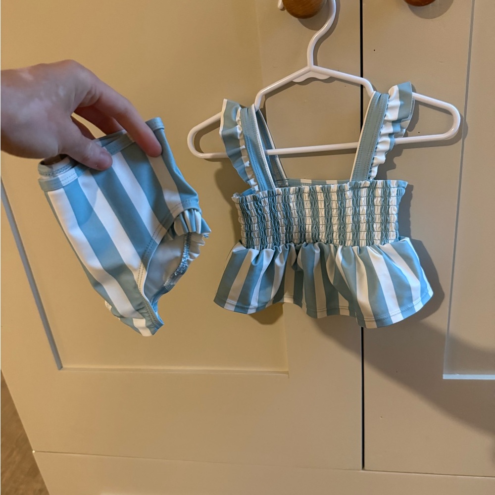 Striped Blue & White Ruffle Kids Bikini Set